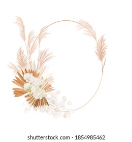 Wedding dried lunaria, orchid, pampas grass floral wreath. Vector Exotic dried flowers, palm leaves boho invitation card. Watercolor template frame, foliage decoration, modern poster, trendy design