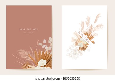 Wedding dried lunaria, orchid, pampas grass floral invitation. Vector Exotic dried flowers, palm leaves boho card. Watercolor template frame. Save the Date foliage cover, modern poster, trendy design