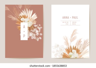 Wedding dried lunaria, orchid, pampas grass floral vector card. Exotic dried flowers, palm leaves boho invitation. Watercolor template frame. Save the Date foliage cover, modern poster, trendy design