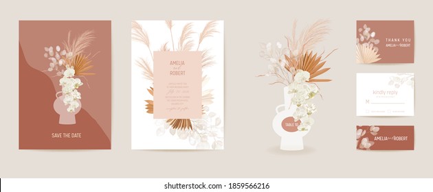 Lunaria seca casera, orquídea, pampas césped floral tarjeta. Vector Flores exóticas secas, hojas de palma invitación boho. Marco de plantilla de color de agua. Salvar la cubierta follaje Date, póster moderno, diseño de moda