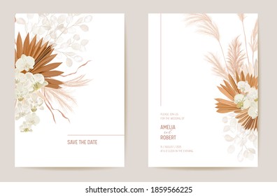 Wedding dried lunaria, orchid, pampas grass floral Save the Date set. Vector exotic dry flower, palm leaves boho invitation card. Watercolor template frame, foliage cover, modern background design