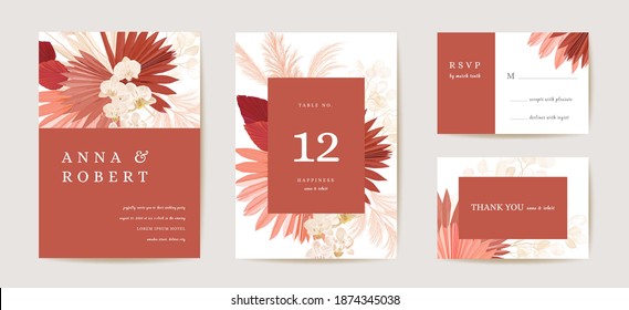 Wedding dried lunaria, orchid, pampas grass floral Save the Date set. Vector exotic dry flower, palm leaves boho invitation card. Watercolor template frame, foliage cover, modern background design