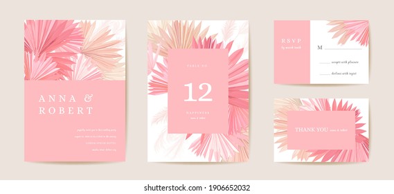 Wedding Dried Lunaria, Orchid, Pampas Grass Floral Save The Date Set. Vector Exotic Dry Flower, Palm Leaves Boho Invitation Card. Watercolor Template Frame, Foliage Cover, Modern Background Design