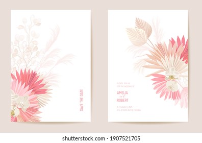 Wedding dried lunaria, orchid, pampas grass floral Save the Date set. Vector exotic dry flower, palm leaves boho invitation card. Watercolor template frame, foliage cover, modern background design