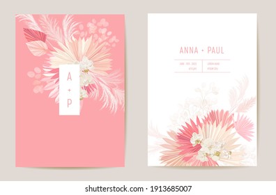 Wedding dried lunaria, orchid, pampas grass floral Save the Date set. Vector exotic dry flower, palm leaves boho invitation card. Watercolor template frame, foliage cover, modern background design
