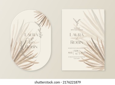 Wedding dried lunaria, pampas grass floral vector card. Watercolor Exotic dried flowers, palm leaves boho invitation template. Save the Date foliage cover, modern poster, trendy design