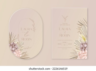 Wedding dried lunaria, pampas grass floral vector card. Watercolor Exotic dried flowers, palm leaves boho invitation template. Save the Date foliage cover, modern poster, trendy design