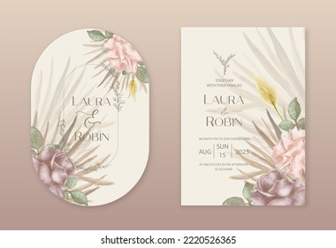 Wedding dried lunaria, rose, pampas grass floral vector card. Watercolor Exotic dried flowers, palm leaves boho invitation template. Save the Date foliage cover, modern poster, trendy design