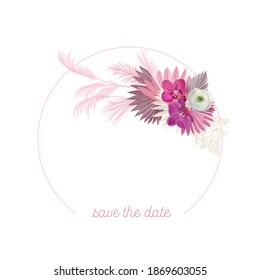 Wedding dried palm leaves, orchid, pampas grass floral wreath. Vector Exotic dried flowers invitation card. Watercolor Save the Date template frame, foliage decoration, modern poster, trendy design