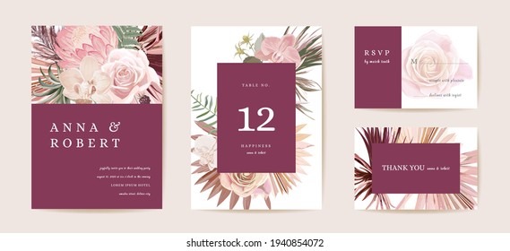 Wedding dried protea, orchid, pampas grass floral Save the Date set. Vector exotic dry flower, palm leaves boho invitation card. Watercolor template frame, foliage cover, modern background design