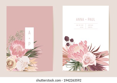 Wedding dried protea, orchid, pampas grass floral Save the Date set. Vector exotic dry flower, palm leaves boho invitation card. Watercolor template frame, foliage cover, modern background design
