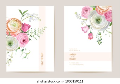 Runculus secado de bodas, rosa, floral de lirios Salven el juego de fechas. Flor seca de primavera vectorial, hoja de palma boho carta de invitación. Marco de plantilla de color de agua, cubierta foliométrica, diseño de fondo moderno