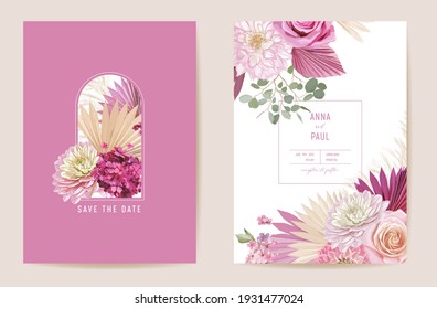 Wedding dried rose, dahlia, pampas grass floral Save the Date set. Vector exotic dry flower, palm leaves boho invitation card. Watercolor template frame, foliage cover, modern poster, trendy design