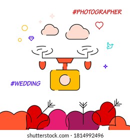 Icono de vector de línea de drones de casamiento, ilustración simple, borde inferior relacionado con la boda.