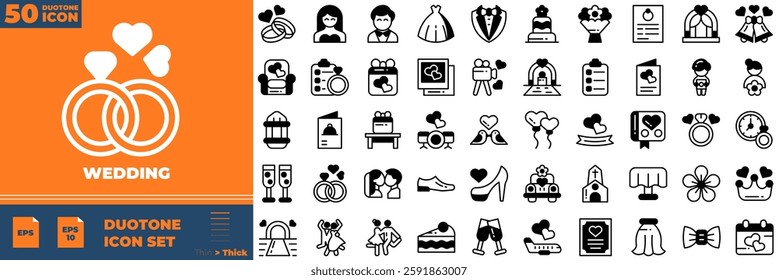 Wedding Duotone Editable Icons set. Vector illustration in modern thin duotone style of wedding icons: wedding and marriage. Weds, love, family, bride, etc