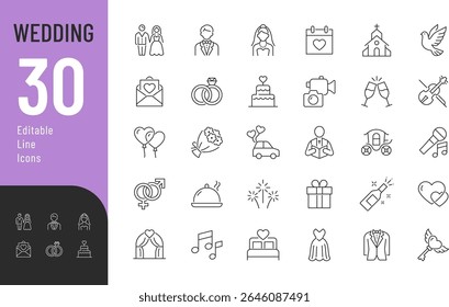 Wedding Editable Icons set. Vector illustration in modern thin line style of marriage related icons: groom, bride, wedding accessories and attributes, and more. Isolated on transparent background.