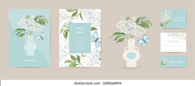 Wedding elderberry and butterfly floral Save the Date set. Vector white spring flowers boho invitation card. Watercolor template frame, foliage cover, modern poster, trendy design