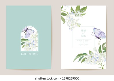 Wedding elderflower floral Save the Date set. Vector white spring flower and butterfly boho invitation card. Watercolor template frame, foliage cover, modern background design