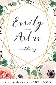 Wedding elegant invite invitation, save the date card design with tender lavender pink garden roses, anemones, wax flowers, eucalyptus branches, leaves & cute golden geometrical frame. Vector template