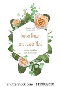 Wedding elegant invite invitation, save the date card design with creamy Rose, wax flowers, eucalyptus branches, leaves & cute hexagonal geometrical frame. Vector template