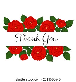 Boda elegante vectorial floral tarjeta de plantilla de invitación con texto gracias. Flores rojas de jardín con hojas sobre fondo blanco.