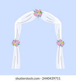 Concepto de elemento de boda. Arco con ramos de flores rosas. Actividad romántica y amor. Pegatina para redes sociales. Ilustración de vector plano de dibujos animados aislado sobre fondo azul