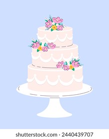 Wedding element concept. Sweet cake with flowers at plate. Romantic activity and love. Graphic element for website. Cartoon flat vector illustration isolated on blue background