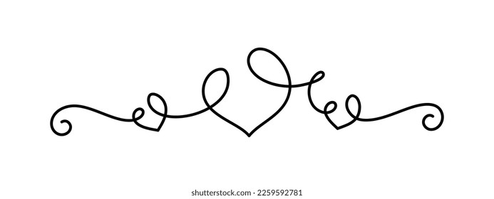 Wedding element for frames or ornate. Romantic outline hearts with curls. Valentines day calligraphic element for cards, banners, flyers, invitations, banners. Vector illustration.