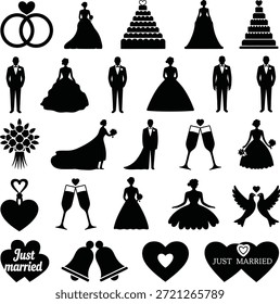 Hochzeits- und Symbolsatz. Mit Hochzeitstorten, Diamantringen, Glocken, Tauben, Champagnergläsern und Brautkleider.