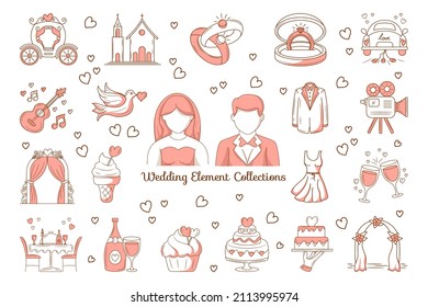 Wedding Element set with colored hand drawn lineal doodle design