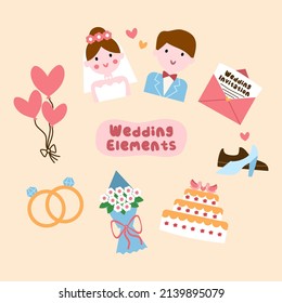 Wedding element set. Flat vector illustration