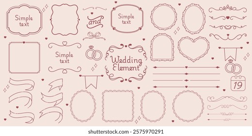 Wedding element set. Love theme simple doodle illustration for design. Wedding elements, hearts, romantic icons. Love clipart, arrows, text, rings, letters, sweets.