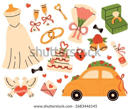 Wedding elements. Bouquet, bride's dress, doves, rings, car, bells, hearts.