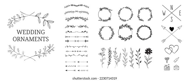 Wedding Elements Collection. Ornamental Vector Graphic Set of elements for invitation and greeting cards. Classic design in vintage style. Dividers, hearts, map elements, flowers, ornaments.