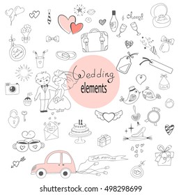 Wedding elements doodle set.