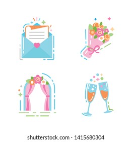 Wedding elements flat color icons set. Sings: invitation letter, bouquet of flowers, arch, glasses of champagne. Preparation for the marriage ceremony. Vector isolated clip art. 