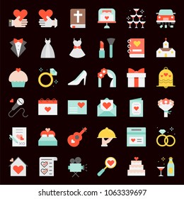 wedding elements flat icon, such as wedding dress, champagne, flower bouquet, cup cake, music, diamond ring