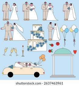 Wedding Elements Illustration Set with Bride, Groom, Cake, Balloons, and Decorations