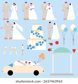 Wedding Elements Illustration Set with Bride, Groom, Cake, Balloons, and Decorations