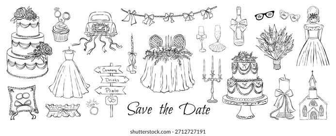 Wedding elements large set. Sketch ink style vector hand drawn illustrations. Wedding cake, table, dress, bouquet. Clipart for wedding design invitation.