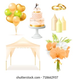 Wedding elements realistic set with outdoor tent, cake, candles, rings, bunch of flowers, balloons isolated vector illustration