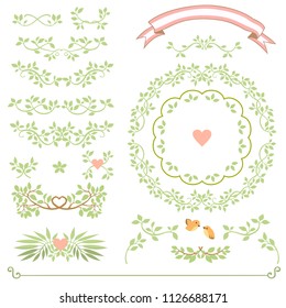 Wedding elements set. Leaves, birds branches, heart and ribbon. For wedding invitation card or decoration. Vector illustration isolated on background.