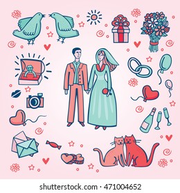 Wedding elements set in vector. Vintage hand drawn illustration of young couple going to marry. Can be used for decoration of wedding ceremony, design of guest cards or invitation