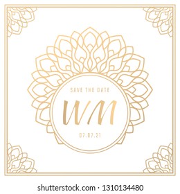 Wedding emblem. Golden monogram. Vector vintage mandala. Floral ornament for wedding card. Vintage invitation. Save the day concept. Luxury design.