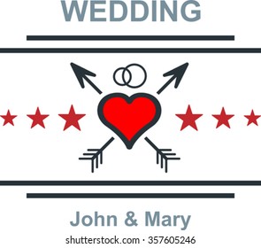 wedding emblem with red heart and stars