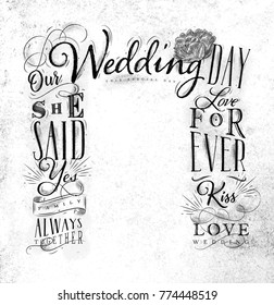 Wedding and engagement backdrop drawing on dirty paper background