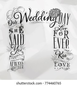 Wedding and engagement backdrop drawing on crumpled paper background