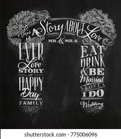 Wedding and engagement backdrop in retro style drawing with chalk on chalkboard background