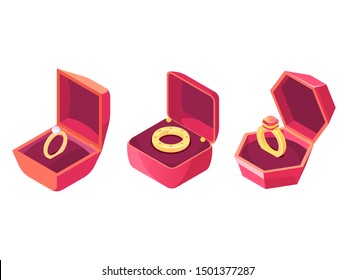 Wedding, engagement gold ring inlaid precious stone, diamond or ruby in opened red case isolated, isometric vector set. Anniversary, valentine celebration precious gift, romantic present illustration