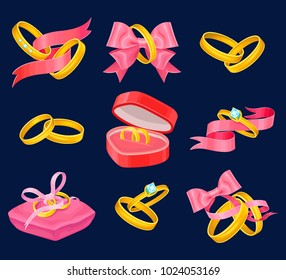 Wedding and engagement golden rings set. Isolated objects with pink ribbons, heart shaped box, pillow and bows. Vector detailed illustrations